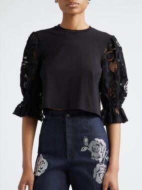 Cinq a Sept Mixed Media Puff Sleeve T-Shirt